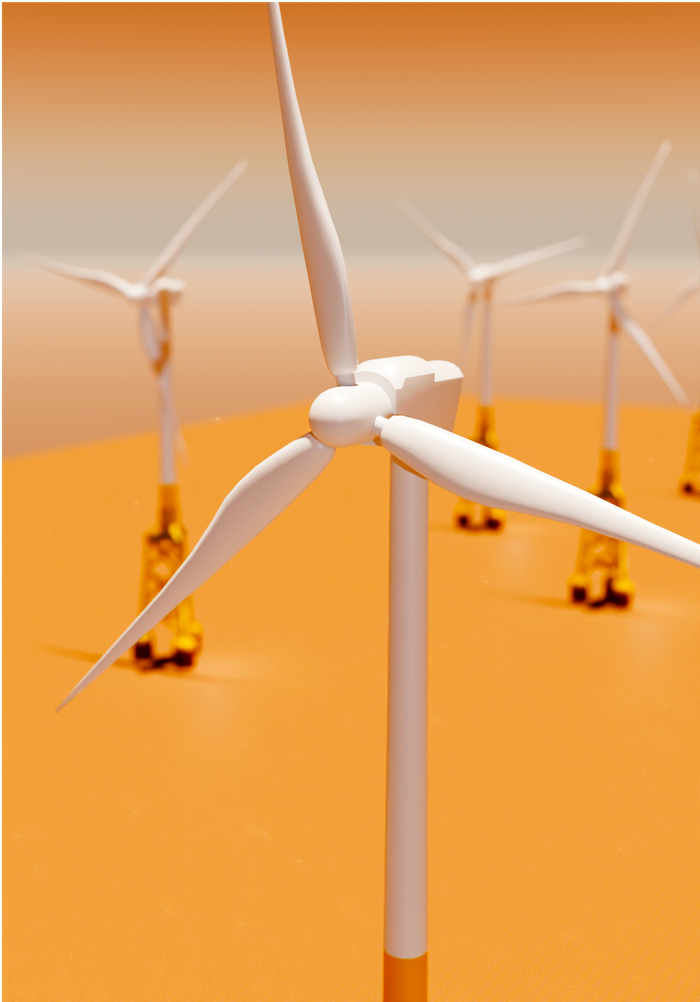 Abstract composition of wind turbines on an orange gradient backdrop.