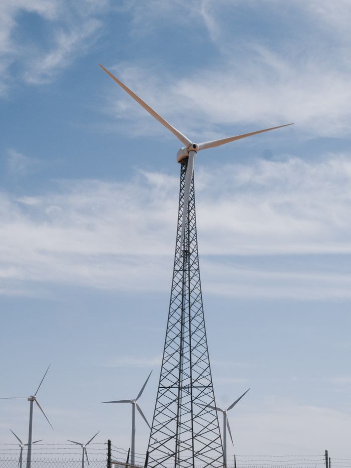 Wind turbines in a field under a clear sky, symbolizing clean energy and sustainability.